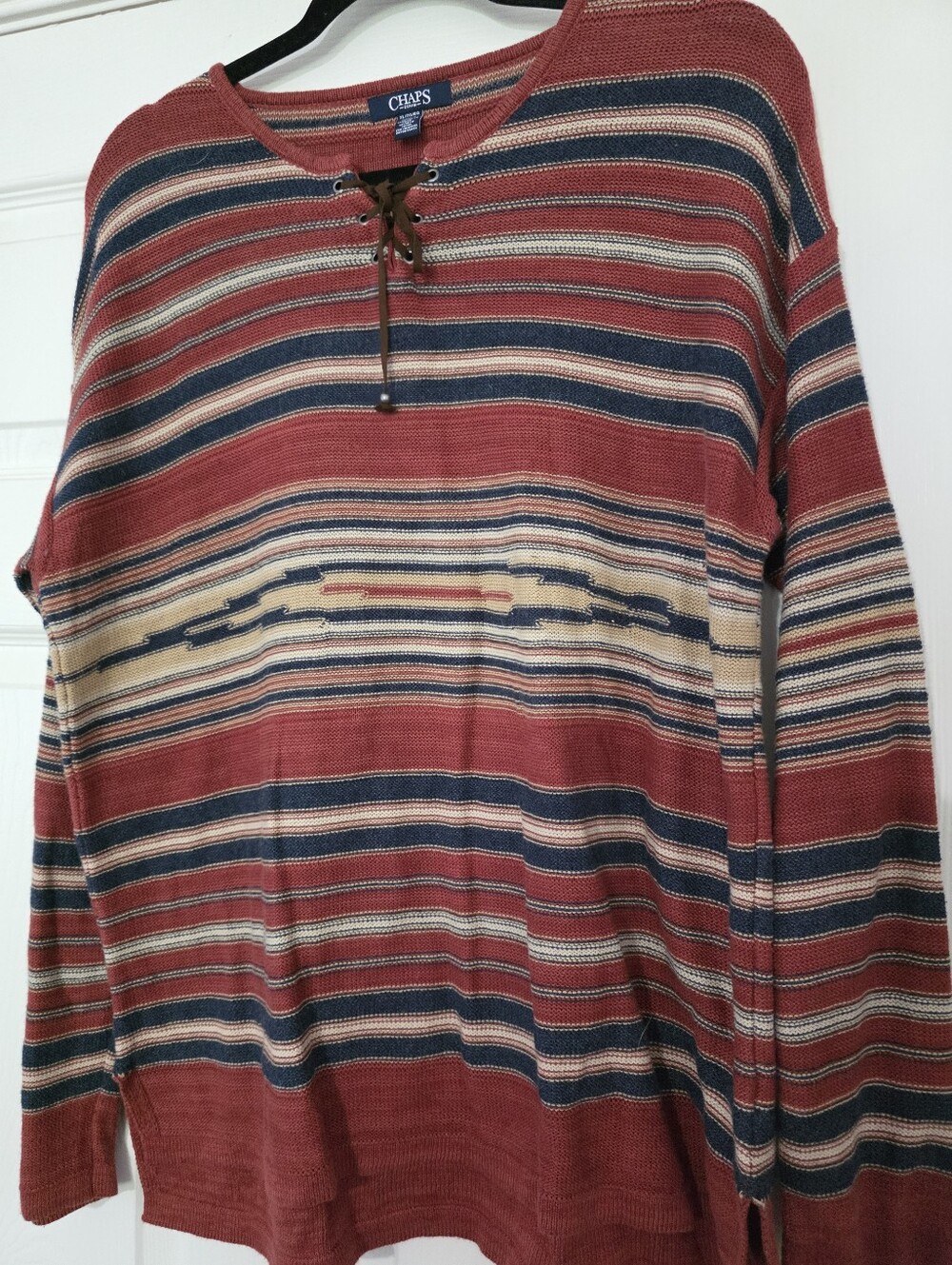 CHAPS Sweater Women Multicolor Stripe Laced V Neck Lightweight Pullover Boho XL